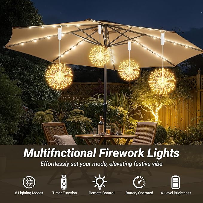 4 Pcs Hanging Firework Lights: Twinkle Fairy String Lights with Remote, 480 LED 8 Modes Dimmable, Indoor Outdoor Battery Operated Starburst Light for Garden, Patio, Party Xmas Decor