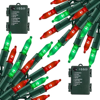 TW SHINE Battery Operated Christmas Lights, 2 Pack Total 100 LED 32 FT Battery Operated String Lights with 8 Modes, Xmas Lights for Outdoor Indoor Wedding Party Home Decorations, Red & Green