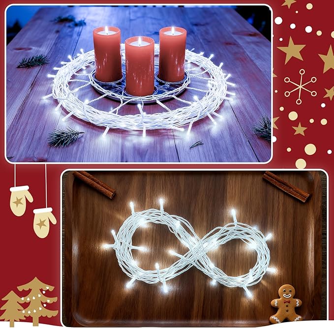 Christmas String Lights Battery Operated, LED Christmas Lights Outdoor with Tiimer White Wire Mini Lights 16.4ft 50LED for Christmas Tree Garland Wedding Party Cool White