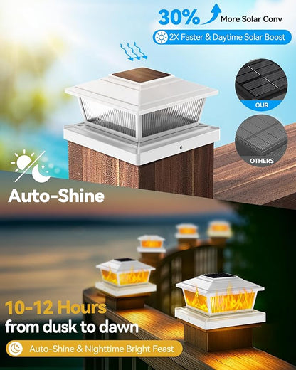 Solar Post Cap Lights Outdoor for 4x4 5x5 6x6 Wood/Vinyl Posts, 12 Pack Fence Post Solar Lights with Flickering Flame & Warm Modes for Deck/Garden/Patio, IP65 Waterproof - White
