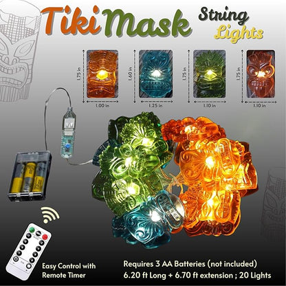 Indoor Tiki Bar and Dorm Room Decorations, 7FT 20PCS Colorful Tiki Mask LED String Lights, USB Powered with Battery Box, Tropical Party Fairy Lights for Bedroom Wall Shelf Summer Décor