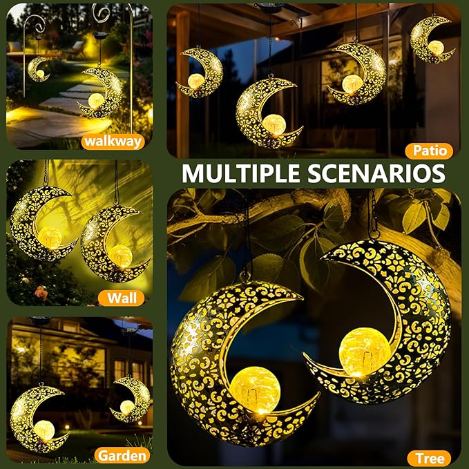 Solar Garden Hanging Moon Lights Outdoor Decor,2 Pack Metal Lanterns Art Decorations for Outside Yard Lawn Patio Wall Fences Driveway Trail,Unique Housewarming Gardening Gifts for Women Mom