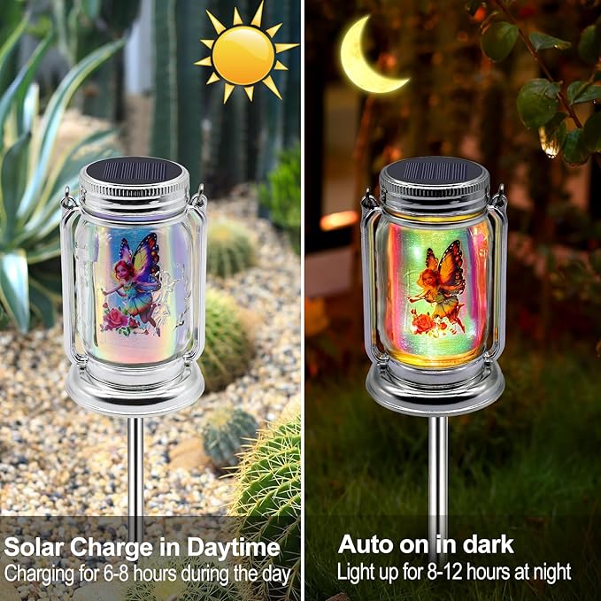 ANGMLN 2 Pack Solar Fairy Lanterns for Outdoor Garden,Gifts for Mom, Grandma, and Women, Waterproof Jar Lights for Patio Yard Lawn Tree Party Decor