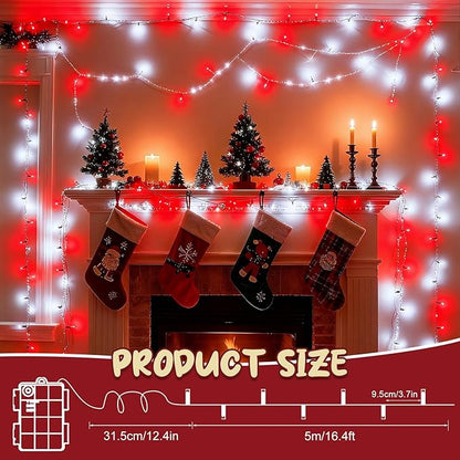 Red and White Christmas Lights Outdoor Battery Operated, Chrristmas String Lights with Timer Waterproof Clear Wire for Indoor & Outdoor Christmas Decorations Garland Party Garden