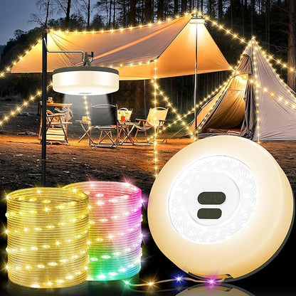Camping String Lights, 4 in 1 Quick Storage 32.8FT Rechargeable Tent Lights with 9 Lighting Modes, Hanging Waterproof Portable LED Lamp for Outdoor Patio Awning Garden Party Camping Essentials Gear