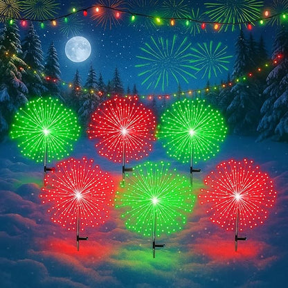 6 Pcs Christmas in July Solar Firework Stake Lights 180 LED 8 Modes Solar Waterproof LED Sparkler Lights Outdoor Decoration for Garden Patio Yard Pathway Walkway Lawn (Red, Green)