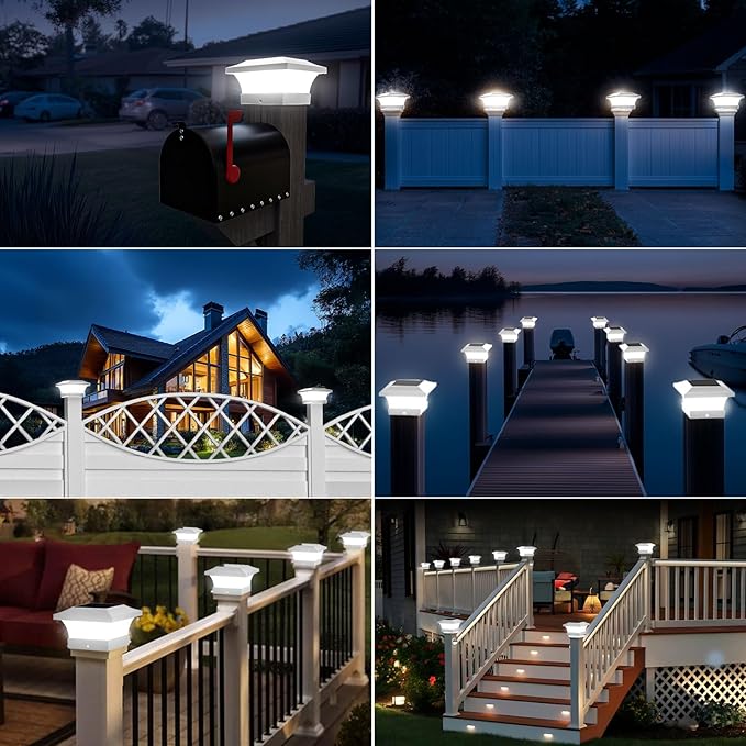 T-SUN Solar Post Cap Lights, Waterproof Outdoor Solar Powered Deck Fence Post Lights for 4 X 4 Wooden/Vinyl Posts, 6000K Cool White Lighting Decor for Deck, Patio, Garden, Porch, Fence(White - 2 Pack)