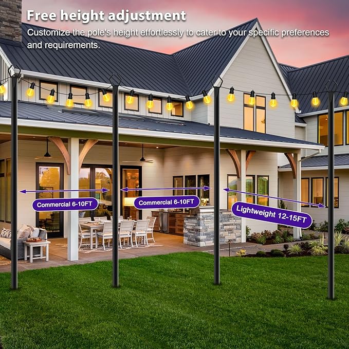 zoegi 2 Pack 10Ft String Light Poles,Light Poles for Outside Lights with Fork,Outdoor Brackets Hanging Lights,Metal Stand for Deck Patio,Backyard,Wedding,Deck,Party