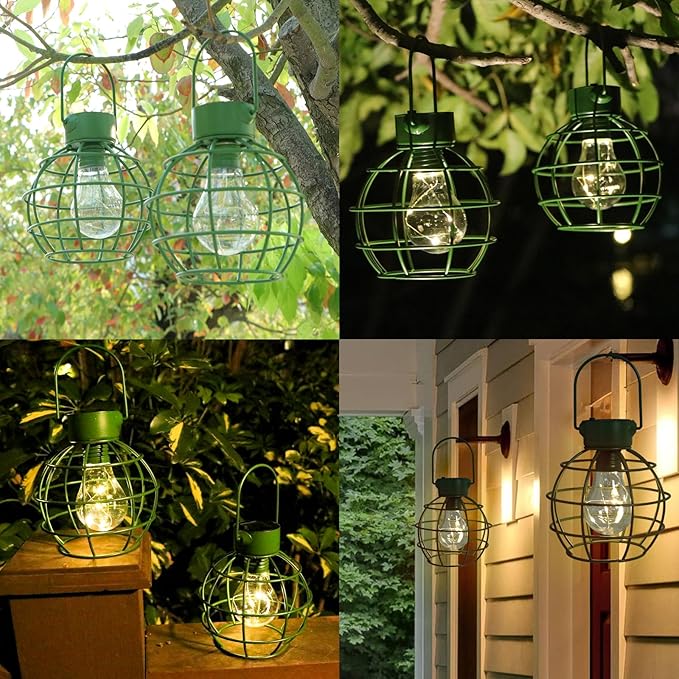 2 Pack Solar Lanterns Outdoor Hanging Lights, Metal Solar Lantern Outdoor Waterproof Auto On/Off Solar Light for Patio Backyard Pathway Porch, Green