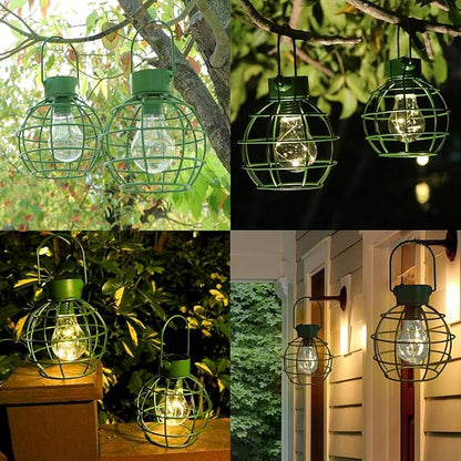 2 Pack Solar Lanterns Outdoor Hanging Lights, Metal Solar Lantern Outdoor Waterproof Auto On/Off Solar Light for Patio Backyard Pathway Porch, Green