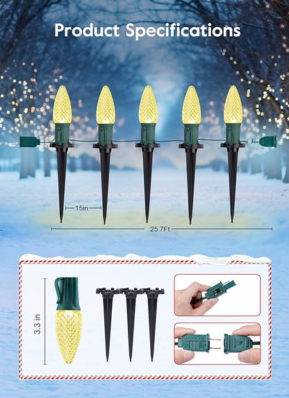 Brightown C9 Christmas Lights Outdoor, 25.7 Ft Strawberry C9 Pathway Lights with 20 LED Bulbs and Stakes, Christmas Decorations Outside Walkway Sidewalk Holiday, Warm White