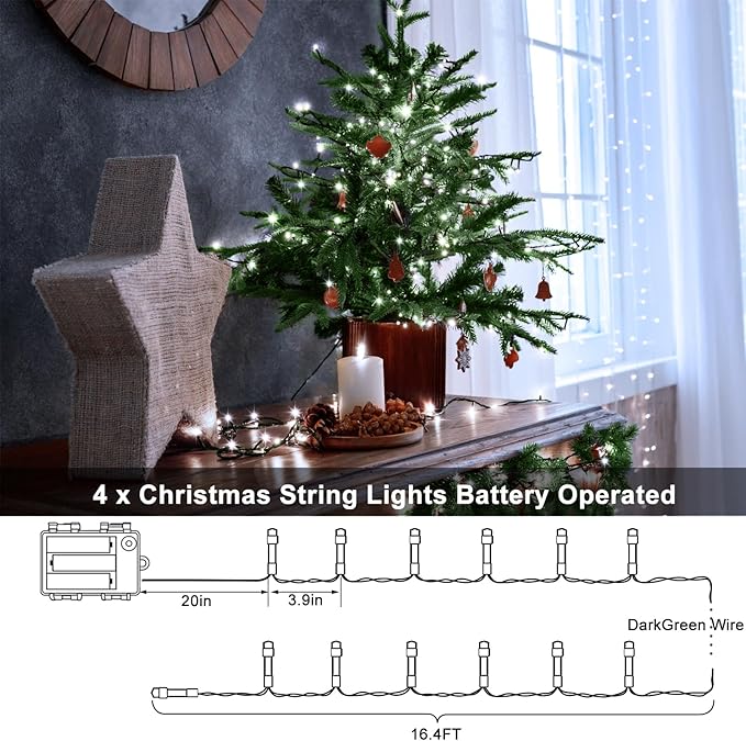 4 Pack Battery Operated Christmas Tree Lights,16.5 Ft String Lights with Auto Timer 8 Modes, 50 LED Wreath String Lights for Indoor Outdoor Xmas Tree Party Decor (Cool White)