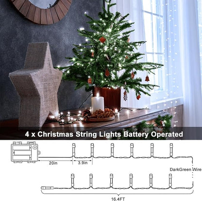 4 Pack Battery Operated Christmas Tree Lights,16.5 Ft String Lights with Auto Timer 8 Modes, 50 LED Wreath String Lights for Indoor Outdoor Xmas Tree Party Decor (Cool White)