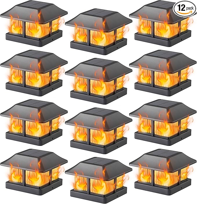 Dynaming 12 Pack Solar Flame Post Cap Lights Outdoor, Solar Powered Fence Post Light, Flickering Flame LED Lantern Lamps for Garden Deck Patio, Only Fit 4x4 Wooden Posts (True Size 3.5"x3.5")