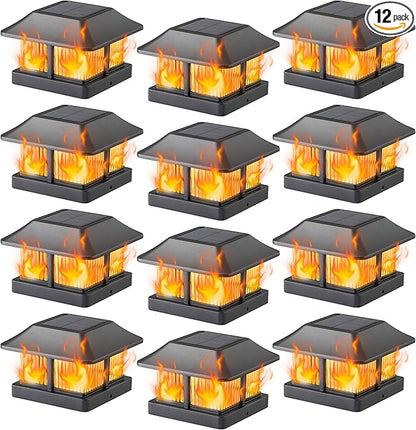 Dynaming 12 Pack Solar Flame Post Cap Lights Outdoor, Solar Powered Fence Post Light, Flickering Flame LED Lantern Lamps for Garden Deck Patio, Only Fit 4x4 Wooden Posts (True Size 3.5"x3.5")