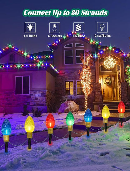 C9 Multicolor Christmas Decorations Outdoor Waterproof, 8FT Strawberry Jumbo Walkway Lights with 4 C9 LED Bulb, Connectable Marker Stakes Landscape Lights for Winter Yard Garden Lawns Xmas Holiday