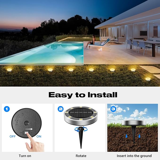 Peasur Mini Solar Ground Lights Outdoor, 4 Pack Flat Solar Powered Disc Lights, IP68 Waterproof, Anti-Rust, Landscape Lighting for Pathway Garden Yard Lawn Walkway Landscape Driveway, Warm White
