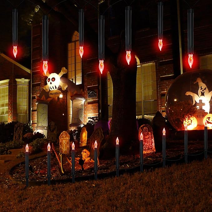 Halloween Pathway Lights Outdoor, 19.5Ft Halloween Pathway Marker String Lights with 10 C18 Flicker Flame Black Candles Stakes Lights Plug in Walkway Light for Lawn Garden Sidewalk Driveway