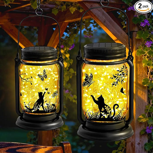 2 Pack Cat Solar Lanterns, Outdoor Hanging Solar Lantern with Stake, Birthday Gifts for Mom, Grandma,Women,Black Cat Butterfly Vintage Glass Mason Jar Waterproof Lights for Yard Garden Decor