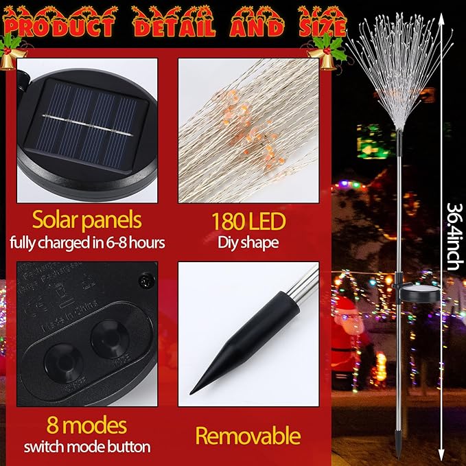 6 Pcs Christmas Solar Firework Stake Lights 180 LED 8 Modes Solar Waterproof LED Sparkler Lights Outdoor Decoration for Garden Patio Yard Pathway Walkway Lawn Xmas Decor (Red Green White)