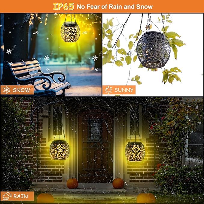 2-Pack Courtyard Solar Backyard Lanterns, Rustic Waterproof LED