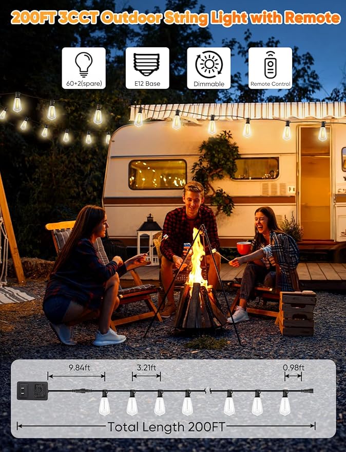 200ft LED Patio String Lights, Waterproof Outdoor
