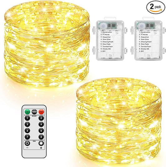 2 Pack 33FT 100 LED Fairy Lights Battery Operated with Timer & Remote, Waterproof Twinkle Lights Indoor Outdoor, 8 Modes Fairy String Lights for Bedroom Classroom DIY Wedding Decorations,Warm White