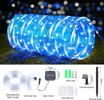 Solar Rope Lights, 66ft 200LED Solar String Lights, 8 Modes Waterproof Solar Powered Outdoor Light, Flexible Clear Tube Light for Garden Backyard Patio Deck Porch Pool Tree Christmas Decor -White&Blue