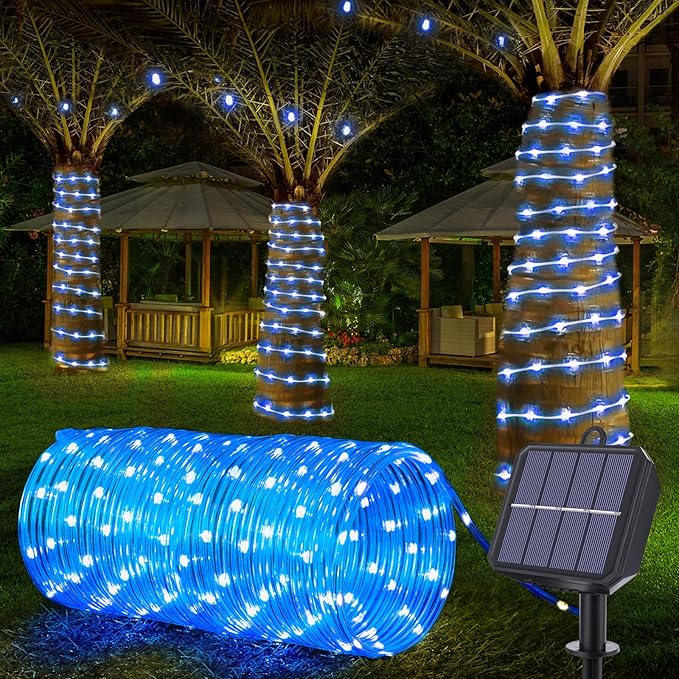 Solar Rope Lights, 66ft 200LED Solar String Lights, 8 Modes Waterproof Solar Powered Outdoor Light, Flexible Clear Tube Light for Garden Backyard Patio Deck Porch Pool Tree Christmas Decoration - Blue