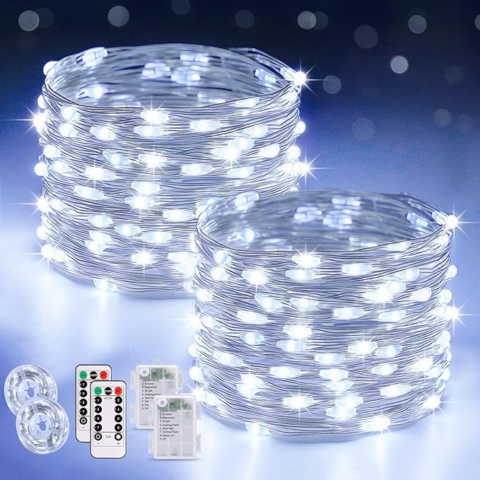2-Pack Outdoor String Lights, 66ft White Waterproof LED