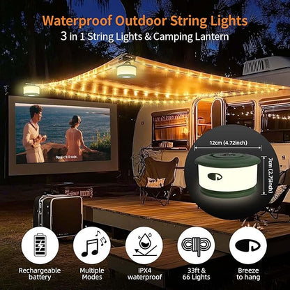 Camping String Lights, 3 in 1 Upgraded Retractable RGB Outdoor String Lights with 19 Lighting Modes, Quick 30s Recovery, 32.8 FT Portable Tent Lights, Rechargeable Camping Lantern (Green)