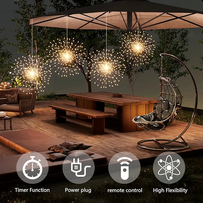 4 Pcs 800 LED Plug-in Starburst Sphere Lights, Firework Light 8 Modes Dimmable Remote Control Waterproof Hanging Fairy Light, Copper Wire Lights for Patio Party Tent Christmas (Warm White)
