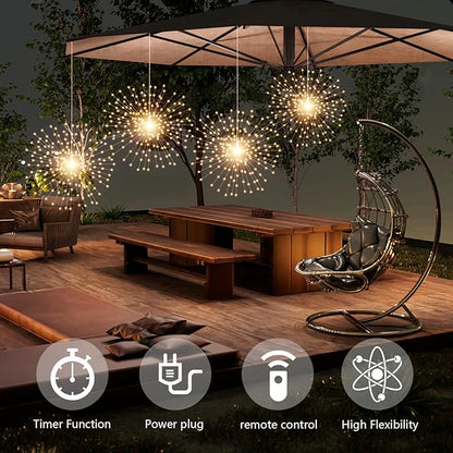 4 Pcs 800 LED Plug-in Starburst Sphere Lights, Firework Light 8 Modes Dimmable Remote Control Waterproof Hanging Fairy Light, Copper Wire Lights for Patio Party Tent Christmas (Warm White)