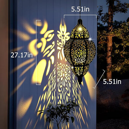 Hanging Solar Lantern Outdoor Decor, Moroccan Solar Lights for Outside Garden Decorations, Waterproof Solar Lanterns Garden Gifts for Mom, Women, Patio, Yard Ornament (Black)