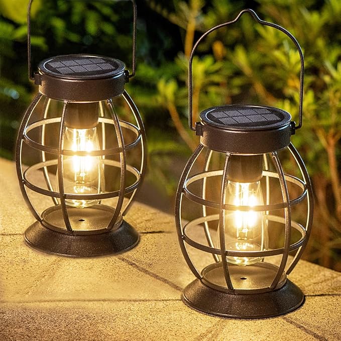 LeiDrail Solar Lantern Outdoor Hanging Waterproof Lights, Metal LED Lanterns Sun Powered Landscape Decor for Table Garden Yard Patio Pathway Porch 4 Pack