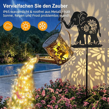 Solar Watering Can Lights Outdoor Decor with Elephant Stake & Fairy Silhouettes, Cascading String Lights for Garden, Patio, Yard - Waterproof Solar Powered Gift for Mom, Housewarming, Birthday