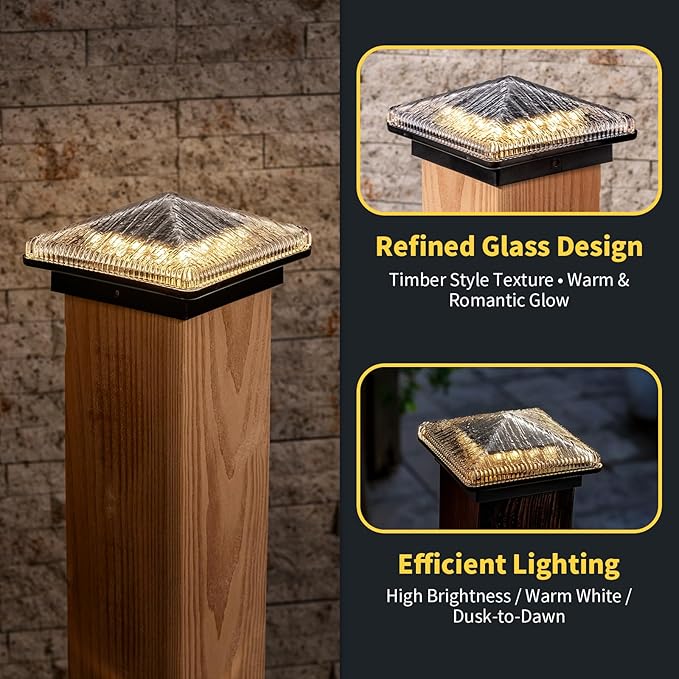 Glass Solar Post Cap Lights with Timber Style - Decorative Deck Fence Lights for 4x4 5x5 Posts Hidden Solar Panel, Modular Design, 10Hr Runtime, IP65, Warm White, Black, 2 Pack