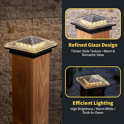 Glass Solar Post Cap Lights with Timber Style - Decorative Deck Fence Lights for 4x4 5x5 Posts Hidden Solar Panel, Modular Design, 10Hr Runtime, IP65, Warm White, Black, 8 Pack