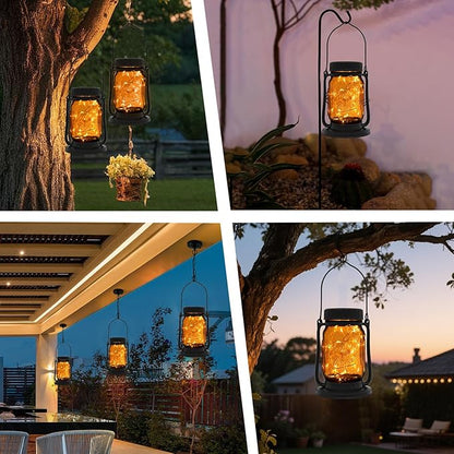 Solar Mason Jar Lantern Outdoor Waterproof, Hanging Solar Lantern Lights for Outside, Fairy Glass Decorative Lantern for Yard Patio Garden Porch Table Wedding, 2 Pack
