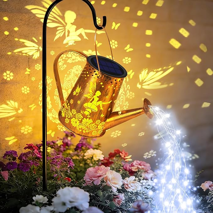 YJFWAL Solar Watering can with Lights, Unique Gifts for Mom Grandma Women Birthday, Waterproof Gardening Gifts Watering Can with Cascading Lights Outdoor Decor for Garden Patio Yard Pathway