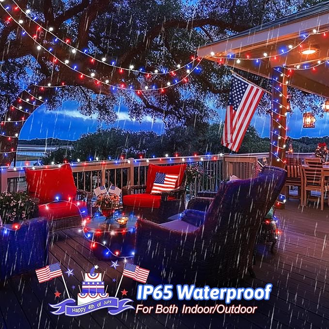 Red White and Blue Lights String 4th of July Decorations Outdoor Total 100 LED 33ft for Memorial Day Decorations, Battry Operated Waterproof with Timer Patriotic for Independence Day, 2-Pack