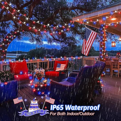 Red White and Blue Lights String 4th of July Decorations Outdoor Total 100 LED 33ft for Memorial Day Decorations, Battry Operated Waterproof with Timer Patriotic for Independence Day, 2-Pack