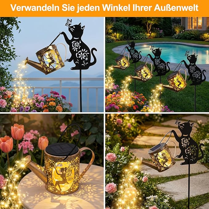 Solar Watering Can Lights with Fairy & Flowers, Outdoor Garden Decor with Cascading String Lights, Waterproof Solar Powered Hanging Lantern for Patio Yard Pathway, Gift for Mom Cat Lovers Gardeners