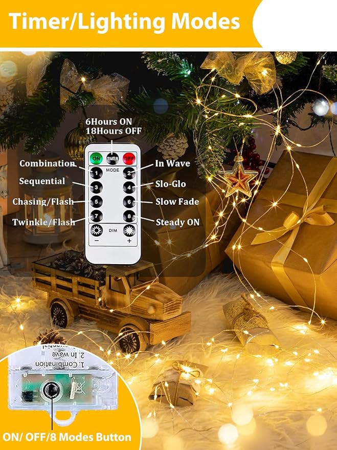 6 Pack 60LED Christmas Battery Operated Fairy Lights with Remote, 8 Modes String Lights with Timer, Dimmable, Memory Function, Waterproof Twinkle Lights for Outdoor Indoor Christmas Decor(Warm White)