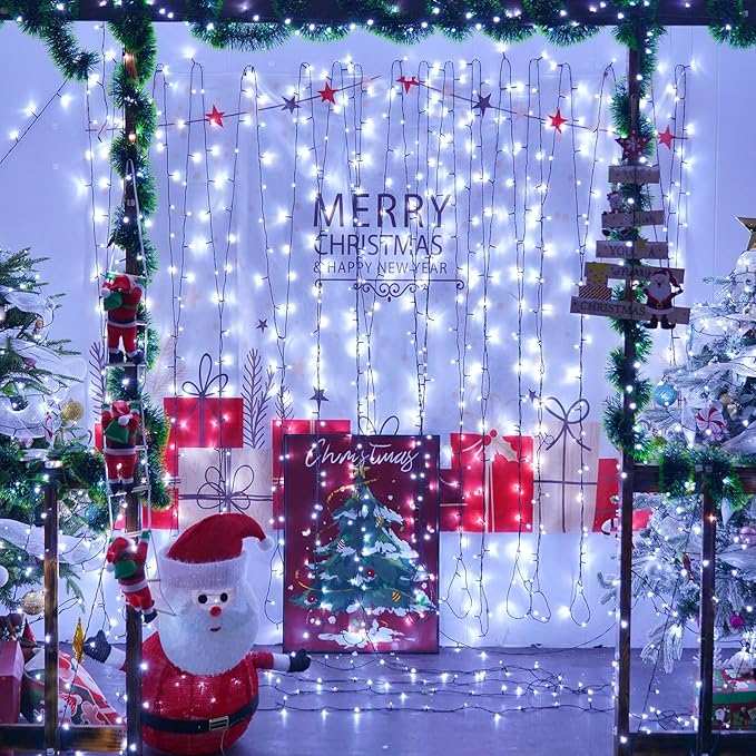 YEGUO Christmas Lights Battery Operated, 2 Pack Each 33ft 100 LED White String Lights Outdoor Waterproof, 8 Modes Green Wire Fairy Light Indoor with Remote