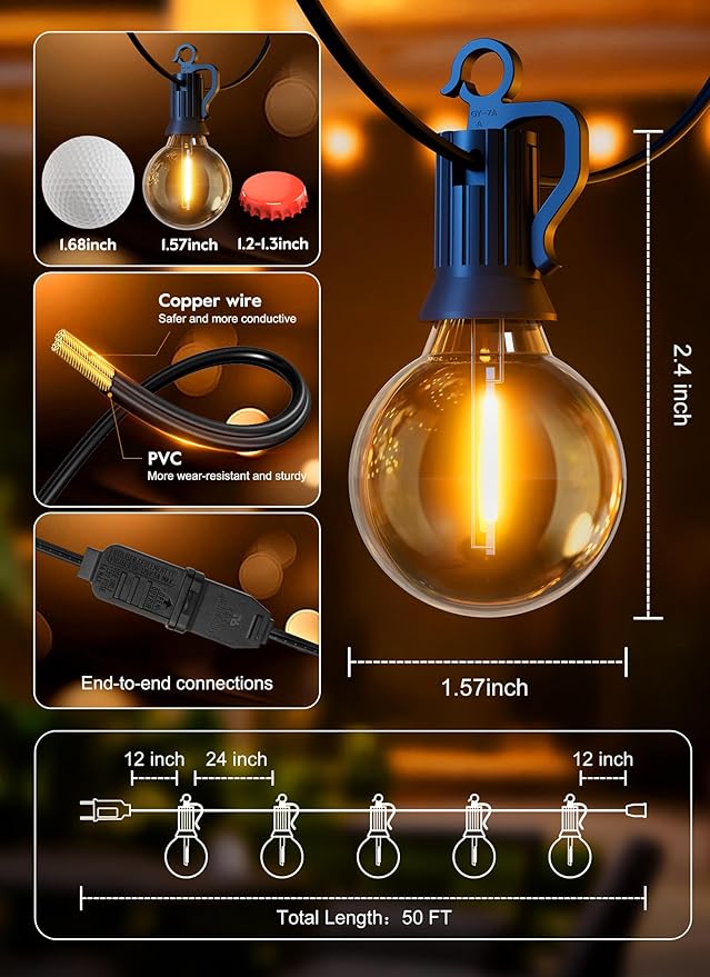 Brightown Outdoor String Lights, 50FT 25 G40 Bulbs Shatterproof Patio Lights, IP65 Waterproof Dimmable Hanging Connectable Globe LED Outdoor Lights for Backyard, Bistro, Porch, Deck, Balcony