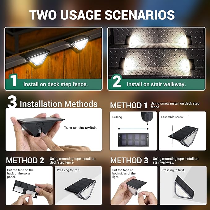 12 Pack Solar Step Lights for Outside, 24 LEDs Solar Stair Lights Waterproof IP65, Solar Deck Lights Outdoor Decor for Garden, Porch, Pathway, Patio, Fence(Cold White)