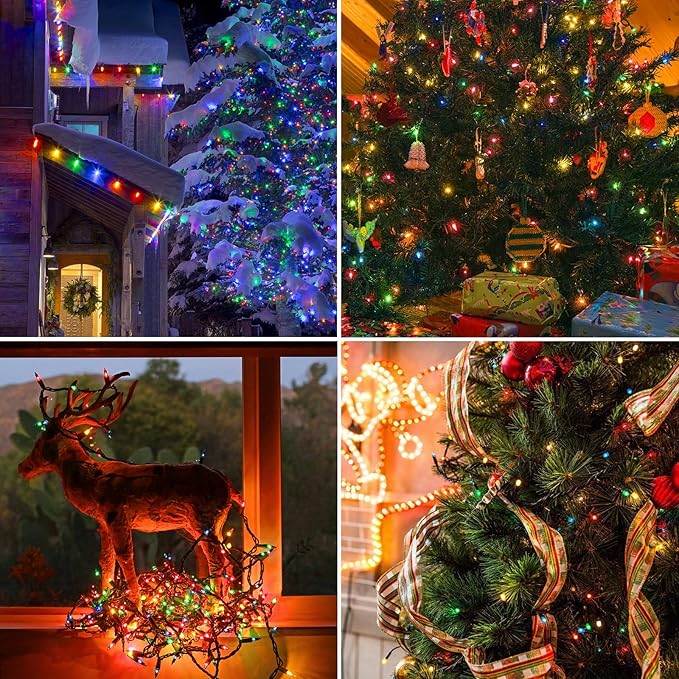 Battery Operated Christmas Lights, 33 FT 100 LED Mini String Lights with Timer and 8 Modes, Green Wire Outdoor Waterproof String Lights for Tree Xmas Indoor Holiday Party Garden Decor, Multicolor