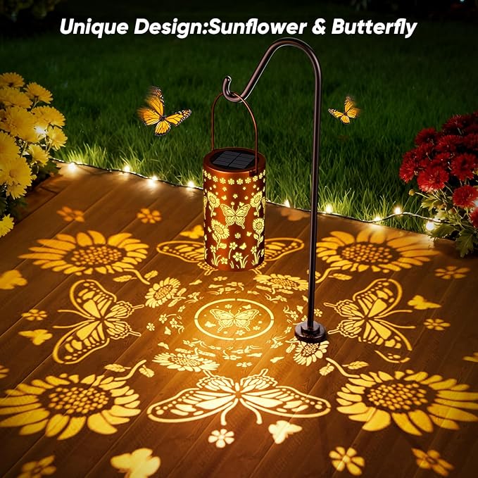 Solar Lanterns Outdoor Waterproof - Decorative Shadow Lantern with Sunflower Butterfly Pattern Design for Garden Patio Yard, Womens Gifts for Homeowners and Couples - 2 Pack