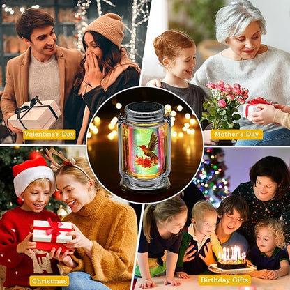 ANGMLN 2 Pack Solar Fairy Lanterns , Adorable Hummingbird Theme in Silver Glass Mason Jars, Gifts for Mom, Grandma, and Women, Waterproof Garden Lights for Patio Yard Lawn Tree Party Outdoor Decor